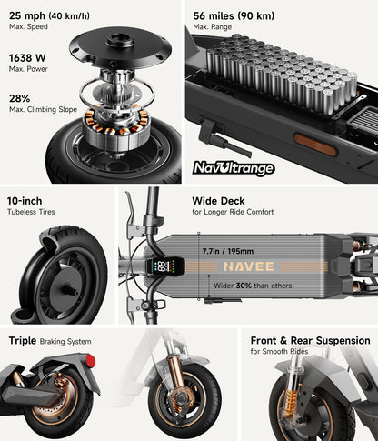 NAVEE GT5 Max Foldable Electric Scooter with 55.9-Mile Range, 25 MPH Top Speed, 1638W Peak Motor and Front & Rear Suspension | Best Long Range Scooter under $1000