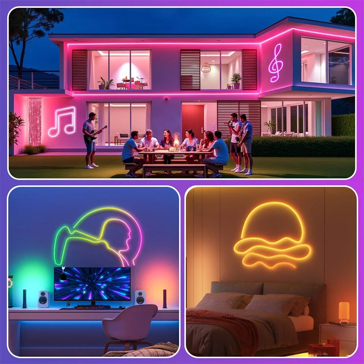 Smart App & Voice Control Cuttable LED Neon Light Strings IP65 DC5V WS2812B Remote Control PVC Dimmable for Home Decorations