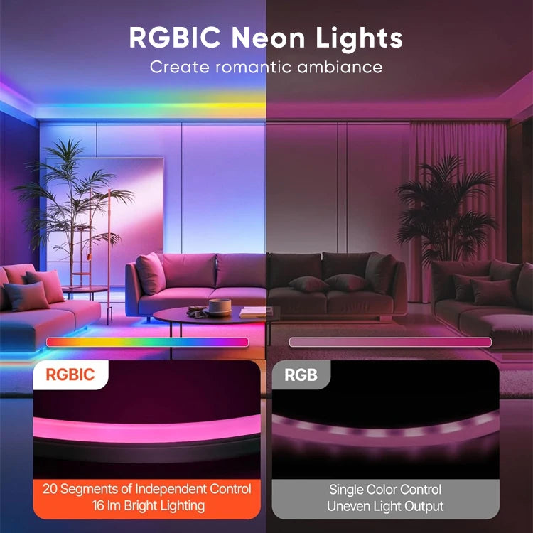 Smart App & Voice Control Cuttable LED Neon Light Strings IP65 DC5V WS2812B Remote Control PVC Dimmable for Home Decorations