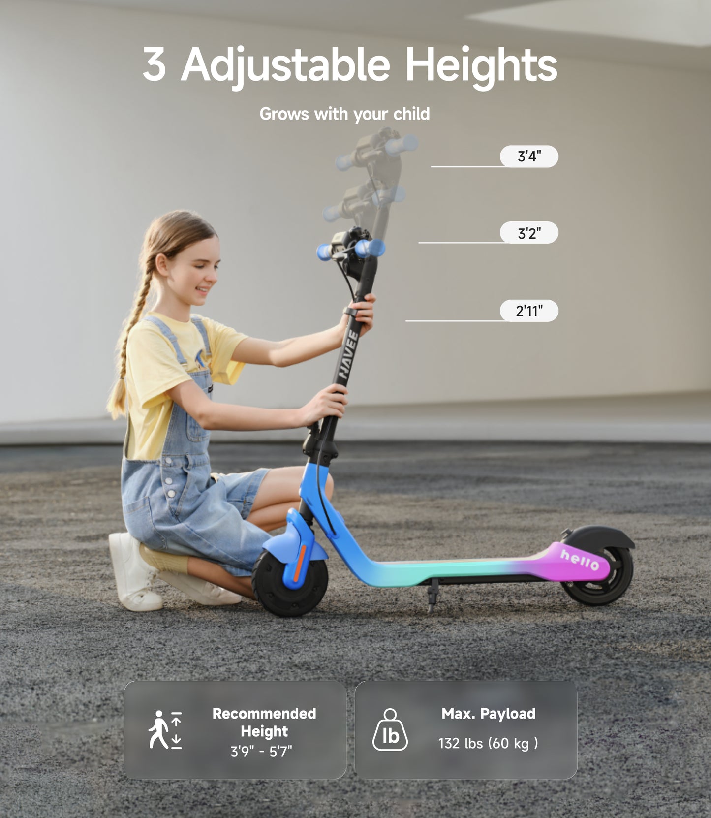 NAVEE K100 Max Kids Foldable Electric Scooter with 14.9-Mile Range, 12.4 MPH Top Speed, Bluetooth Speaker and RGB Ambient Lights