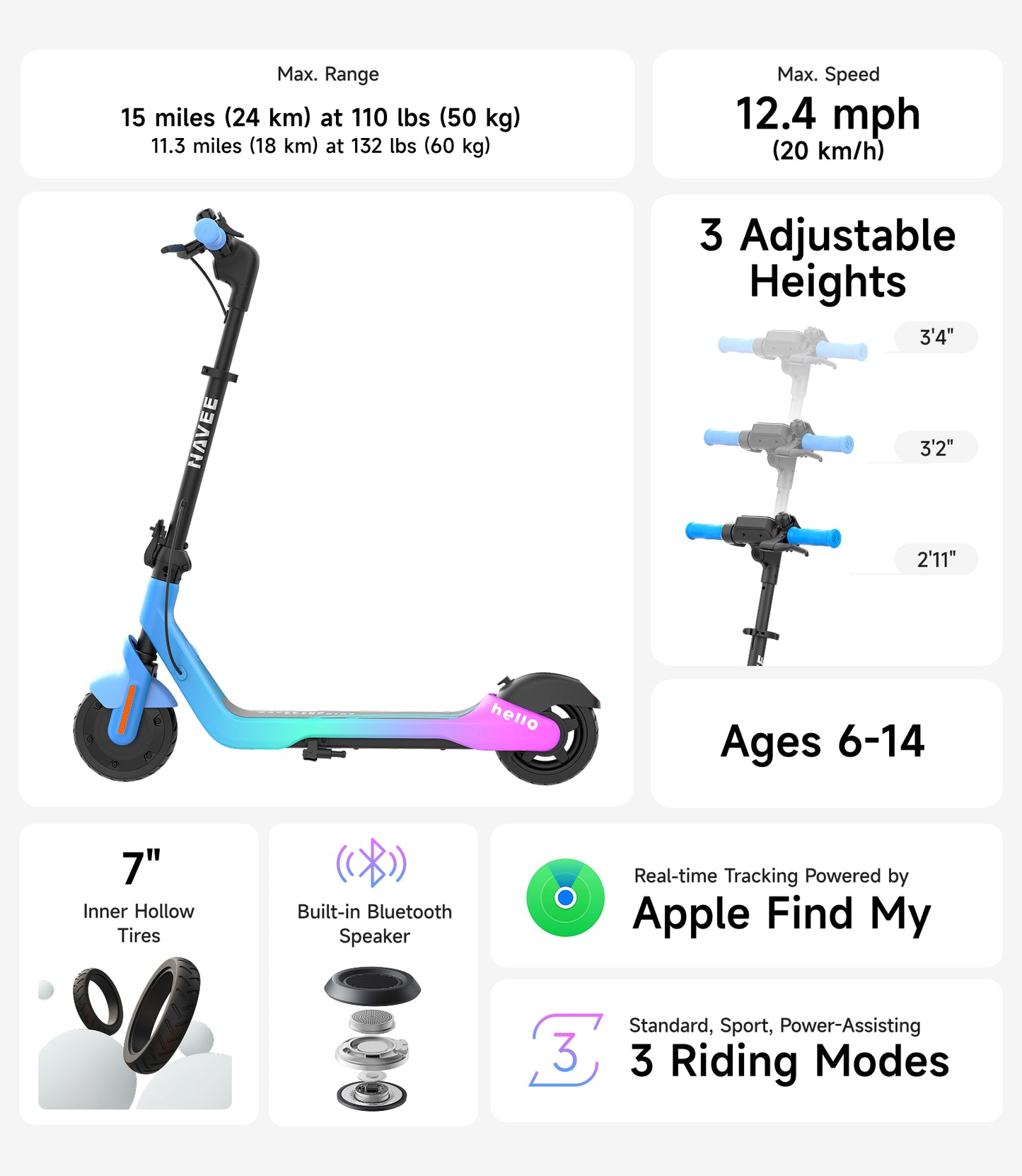 NAVEE K100 Max Kids Foldable Electric Scooter with 14.9-Mile Range, 12.4 MPH Top Speed, Bluetooth Speaker and RGB Ambient Lights