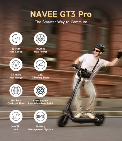NAVEE GT3 Pro Electric Scooter with 37-Mile Range, 20 MPH Top Speed, 1000W Peak Motor and Dual Suspension