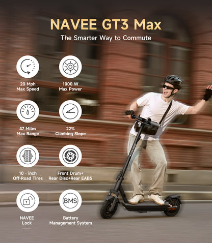 NAVEE GT3 Max Electric Scooter with 46.6-Mile Range, 20 MPH Top Speed, 1000W Peak Motor and Dual Suspension