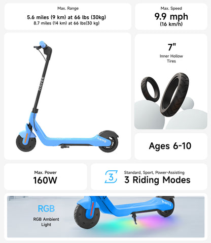 NAVEE K100 Kids Electric Scooter with 8.7-Mile Range, 9.9 MPH Top Speed, RGB Ambient Lights and Lightweight Foldable Design