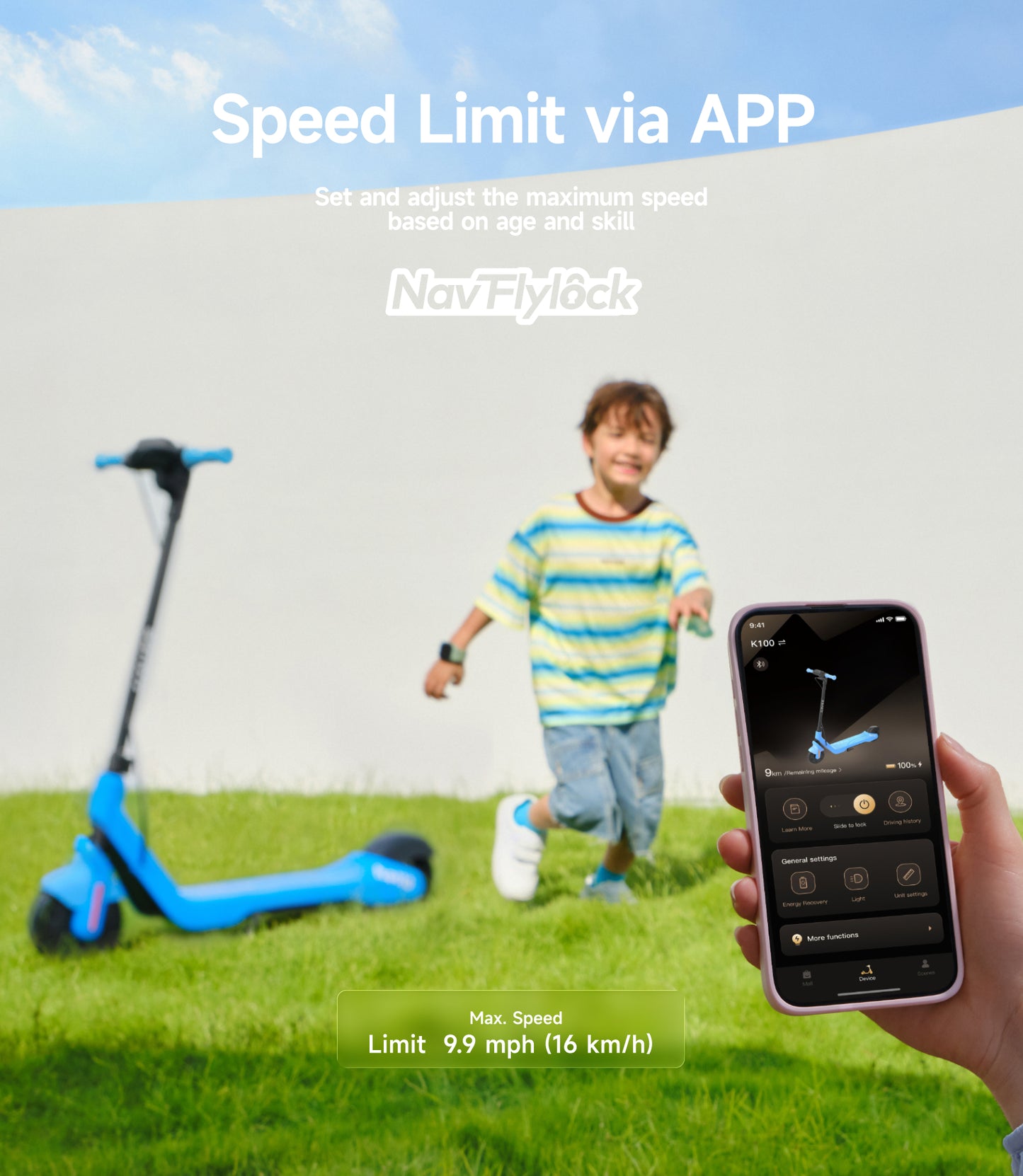 NAVEE K100 Kids Electric Scooter with 8.7-Mile Range, 9.9 MPH Top Speed, RGB Ambient Lights and Lightweight Foldable Design