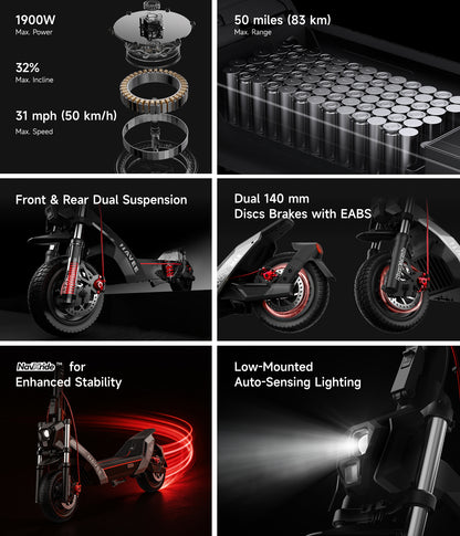 NAVEE NT5 Max Foldable Electric Scooter with 51.6-Mile Range, 31 MPH Top Speed, 1900W Peak Motor and Dual Suspension