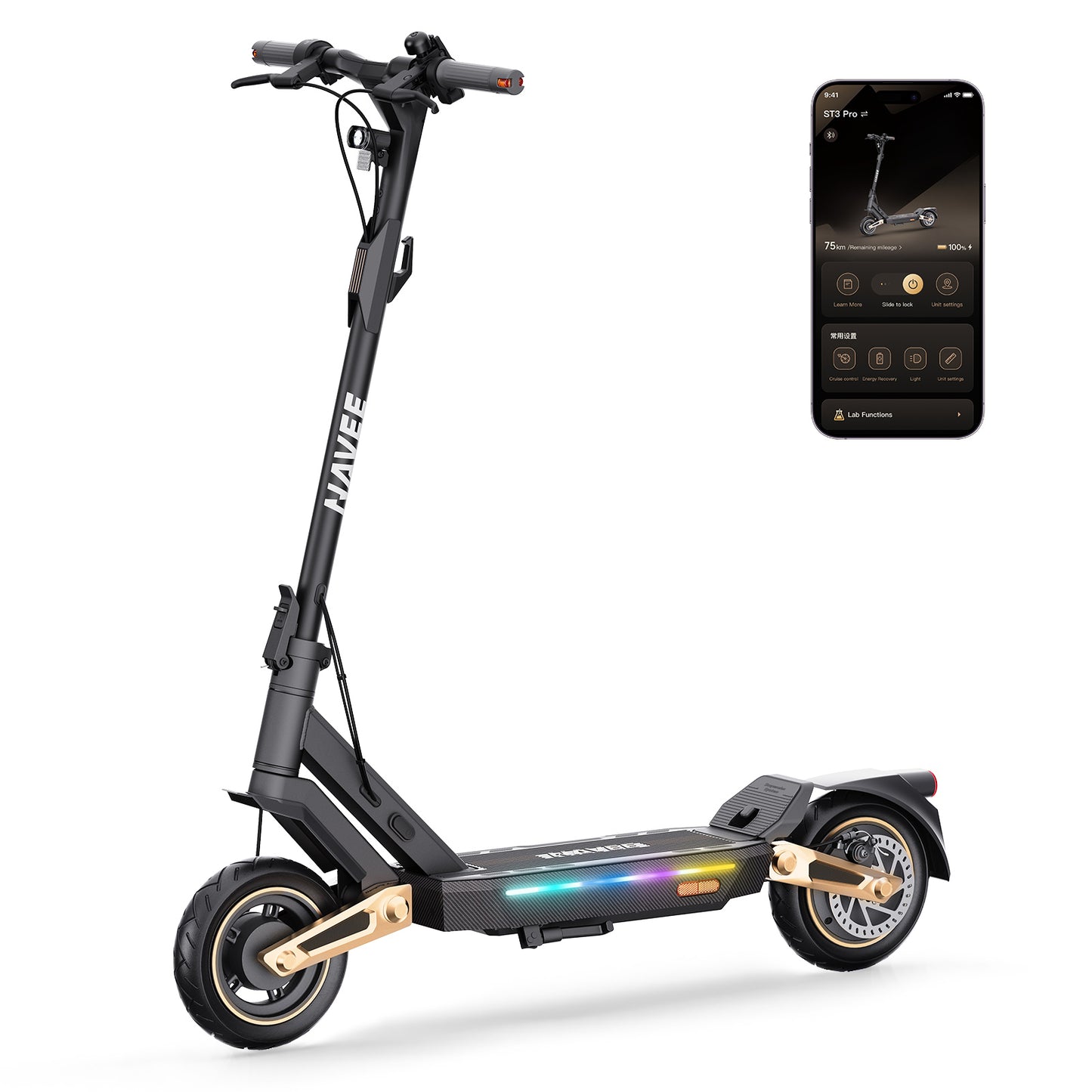 NAVEE ST3 Pro Foldable Electric Scooter with 46.6-Mile Range, 24.9 MPH Top Speed, 1350W Peak Motor and Front & Rear Suspension