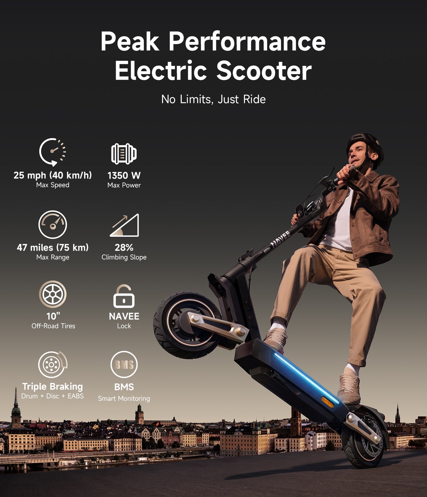 NAVEE ST3 Pro Foldable Electric Scooter with 46.6-Mile Range, 24.9 MPH Top Speed, 1350W Peak Motor and Front & Rear Suspension