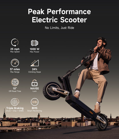 NAVEE ST3 Foldable Electric Scooter with 37-Mile Range, 25 MPH Top Speed, 1000W Peak Motor and Front & Rear Suspension