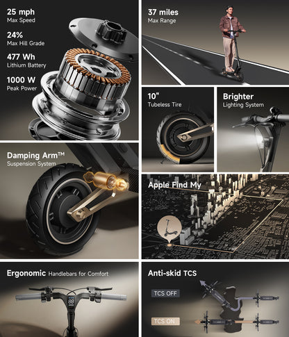 NAVEE ST3 Foldable Electric Scooter with 37-Mile Range, 25 MPH Top Speed, 1000W Peak Motor and Front & Rear Suspension